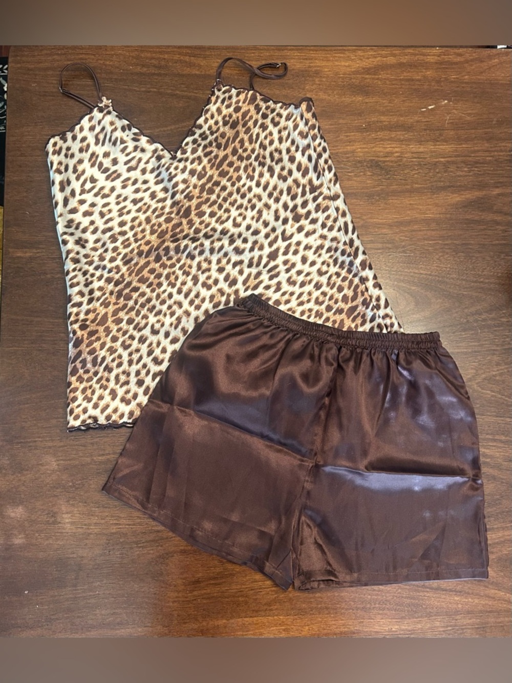 Leopard Print Satin Cami & Brown Satin Shorts Sleep Set